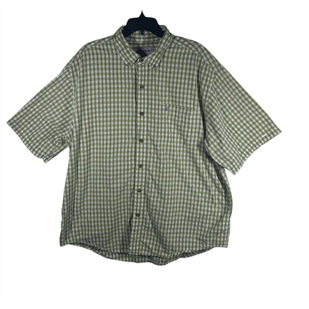Carhartt Mens S234 AVO Short Sleeve Button Down Gingham Shirt Green XXL Regular
